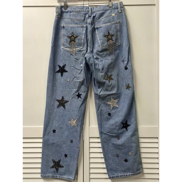 Womens Sunday Best Light Wash Straight Leg Jeans Star & Moon Sequins High Rise - Picture 5 of 7